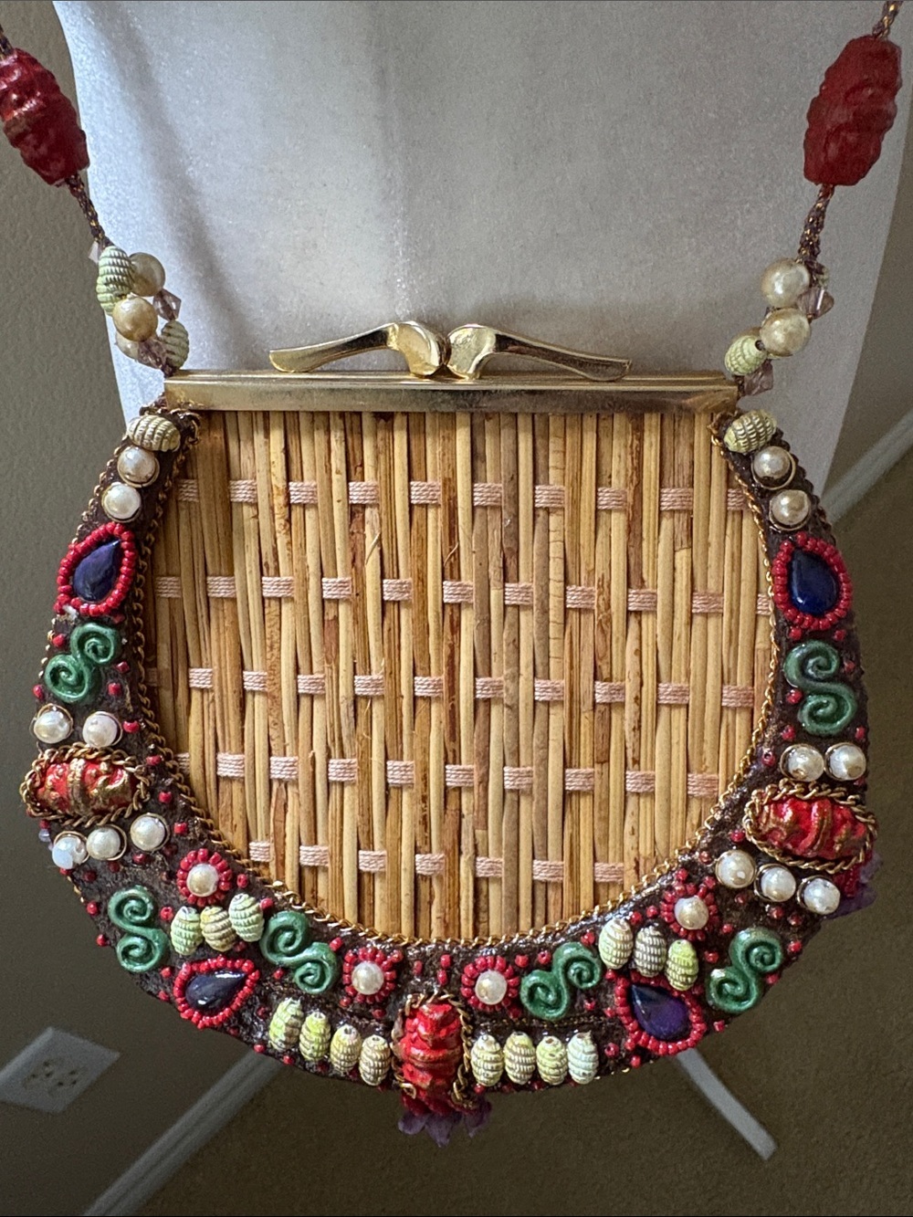 Mary Frances Red and Cream Beaded Woven Crossbody